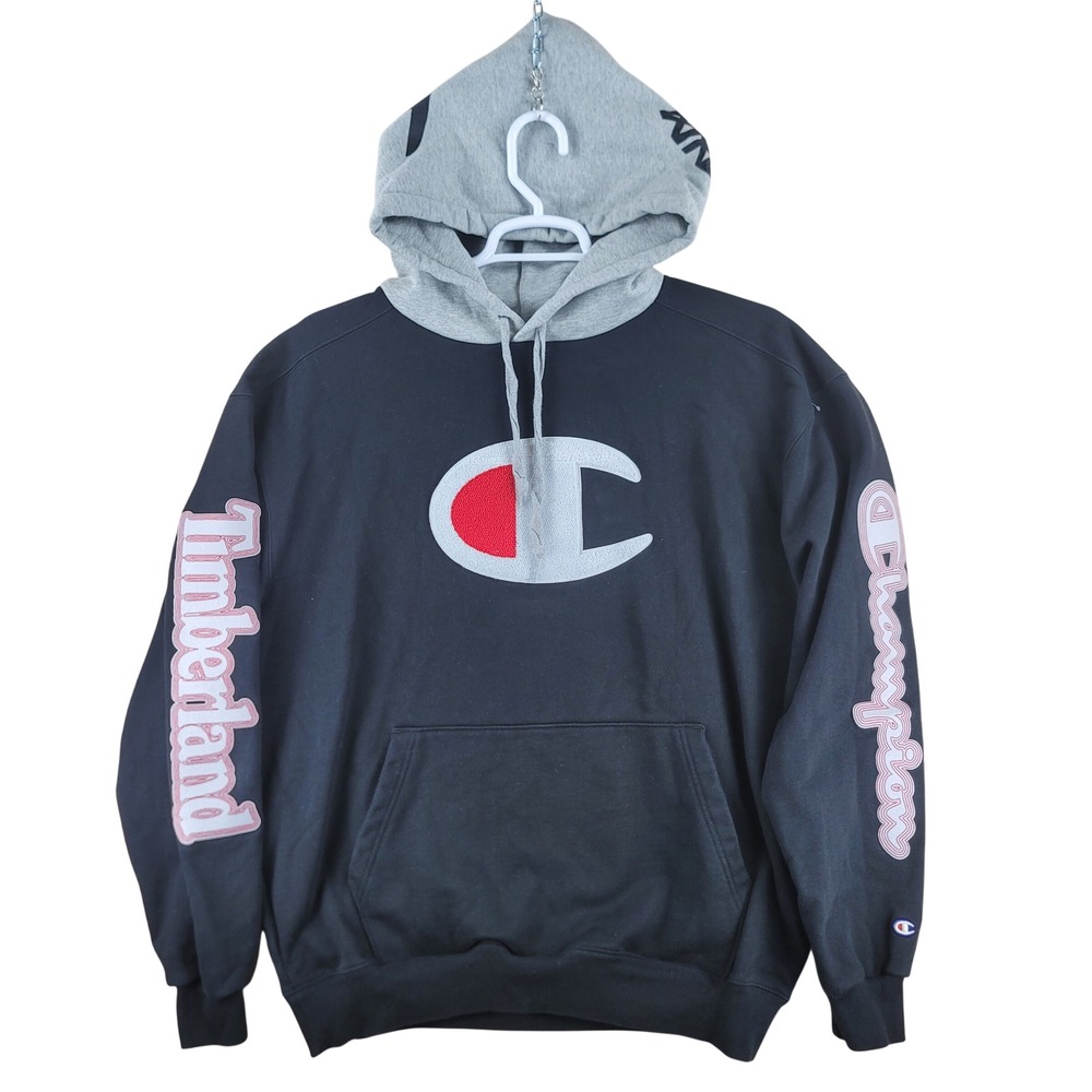 Champion x Timberland Hoodie Mens XL Black Grey Colorblock Logo Sweatshirt